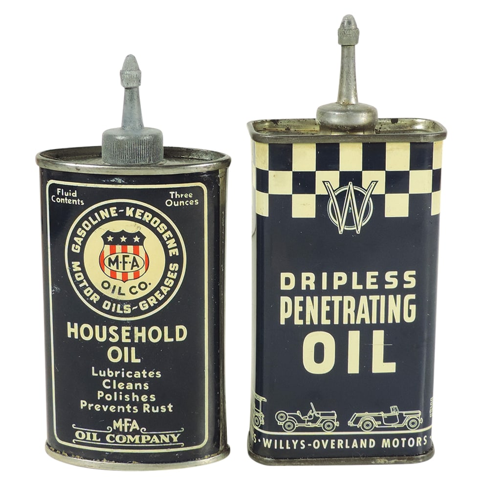 Petroliana Handy Oilers (2), Willys-Overland Dripless Penetrating Oil & MFA Oil Company Household: Petroliana Handy Oilers (2), Willys-Overland Dripless Penetrating Oil & MFA Oil Company Household Oil, 4 & 3 fluid oz, both litho on metal in Exc+ cond, 5" & 4.75"H.