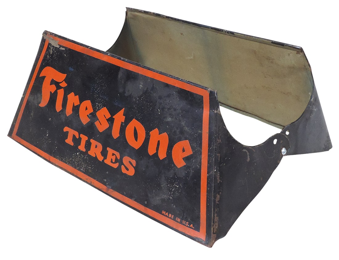 Automobilia, Firestone Tire Stand, litho on diecut tin, Good+ cond, 15"L.: Automobilia, Firestone Tire Stand, litho on diecut tin, Good+ cond, 15"L.