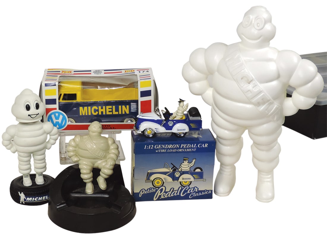 Automobilia, Michelin Advertising Items (5), standing figure, vintage ashtray, modern bobble head,: Automobilia, Michelin Advertising Items (5), standing figure, vintage ashtray, modern bobble head, boxed VW & pedal car ornament, Exc cond, largest 12.5"H.