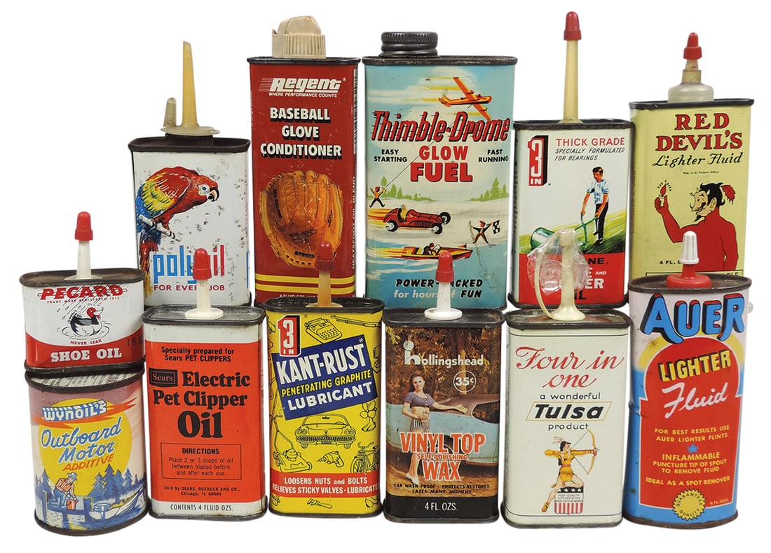 Petroliana Oilers (12), Four in One handy oiler, Regent Baseball Glove Conditioner, Thimble-: Petroliana Oilers (12), Four in One handy oiler, Regent Baseball Glove Conditioner, Thimble-Drome Glow Fuel, Red Devil's Lighter Fluid, Vinyl Top Wax & others, litho on tin, most in Exc cond, some w/c