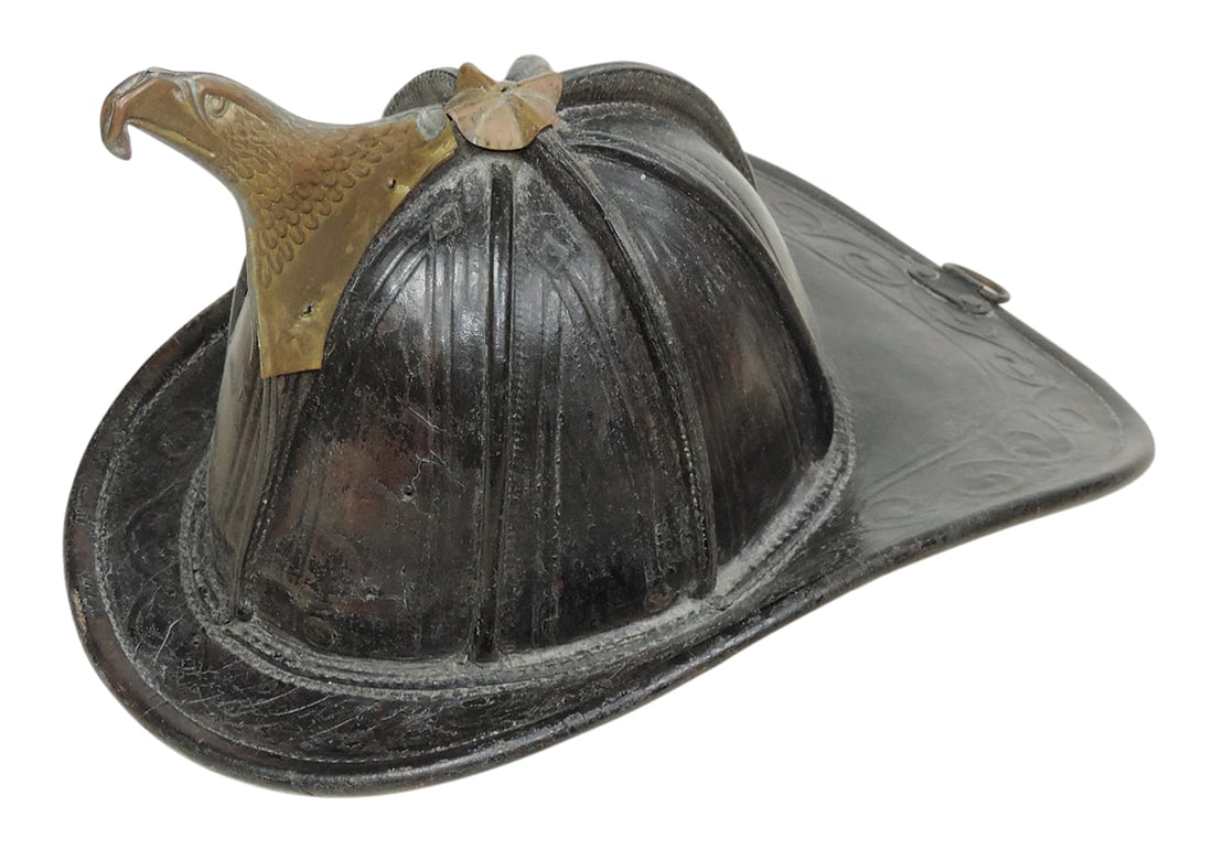 Fire Department Leather Fireman's Helmet, stitched & embossed panels w/brass eagle head finial, VG: Fire Department Leather Fireman's Helmet, stitched & embossed panels w/brass eagle head finial, VG cond, 15"L.