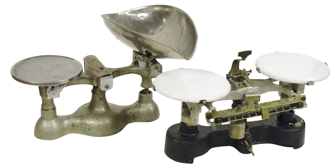 Apothecary Balance Scales (2), one manufactured by Jacobs w/product pan, the other by Cenco w/beam (1 of 1)