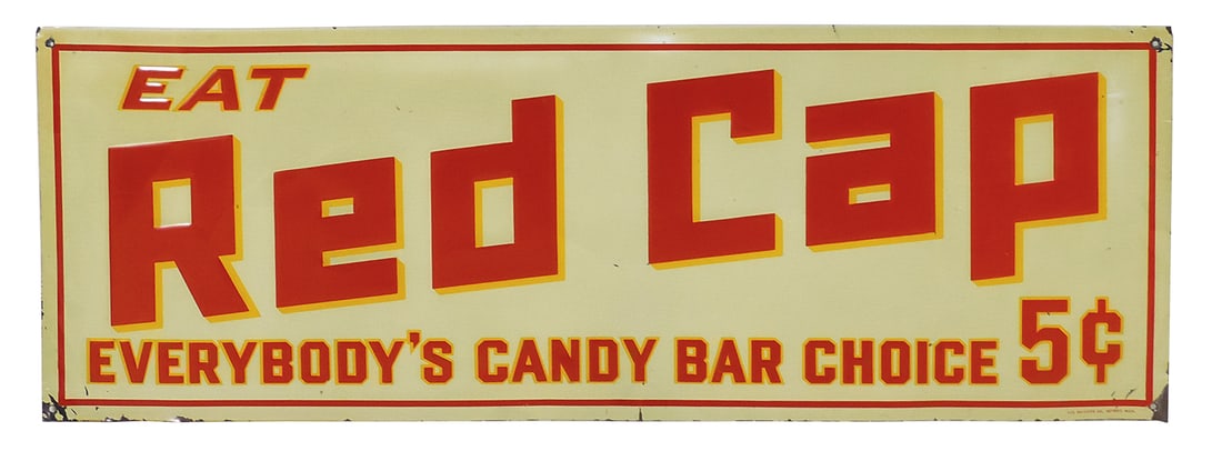 Candy Store Sign, Red Cap 5 Cent Bars, marked Mathew's Co., litho on embossed tin, VG+ cond w/some (1 of 1)