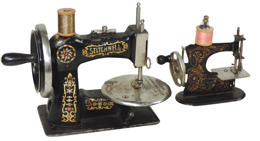 Child's Sewing Machines (2), Stitchwell cast iron & "Germany" diecut flat metal, both w/ornate gilt (1 of 1)