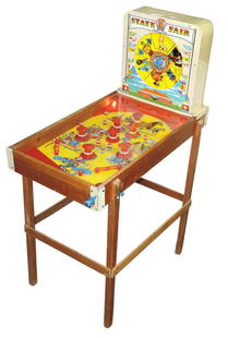 Child's Pinball Machine, State Fair, litho on metal on wood stand, mfgd by Superior, Model 1640, VG: Child's Pinball Machine, State Fair, litho on metal on wood stand, mfgd by Superior, Model 1640, VG working cond, 46"H x 18"W x 31"D.