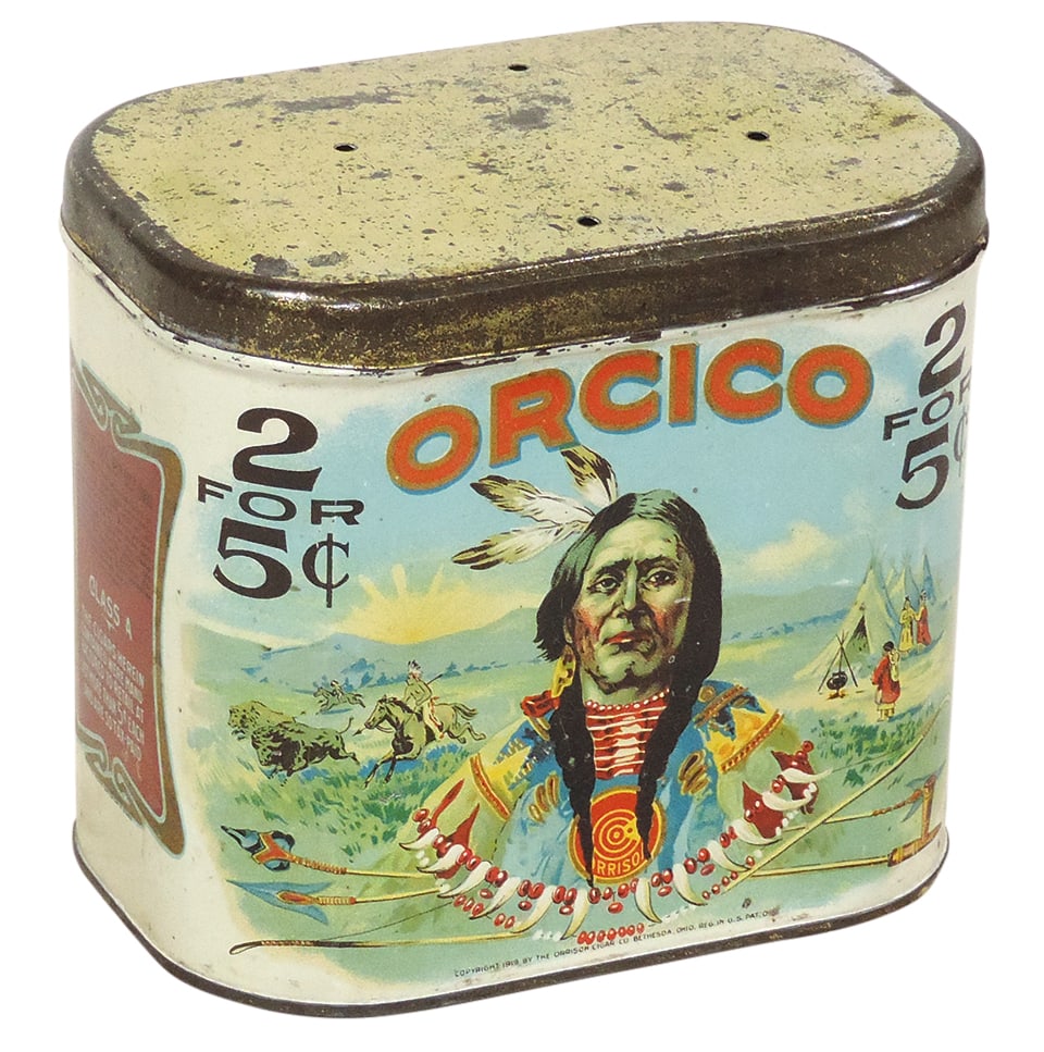 Tobacciana Cigar Tin, Orcico, 2 For 5 Cents, litho on tin w/Native American portrait, dtd 1919, Exc (1 of 2)