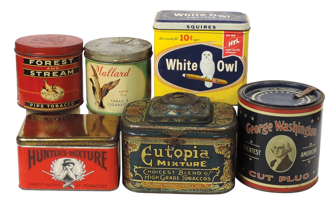 Tobacciana Containers (6), George Washington Cut Plug, White Owl, Eutopia, Hunter Mixture, Mallard & (1 of 1)