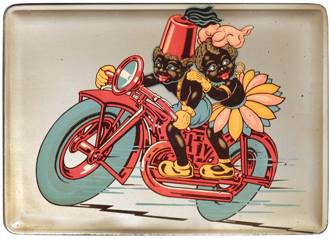 Black Americana Saiwa Biscuit Container, litho on tin w/motorcycle scene, Exc cond, 10"L. (1 of 1)