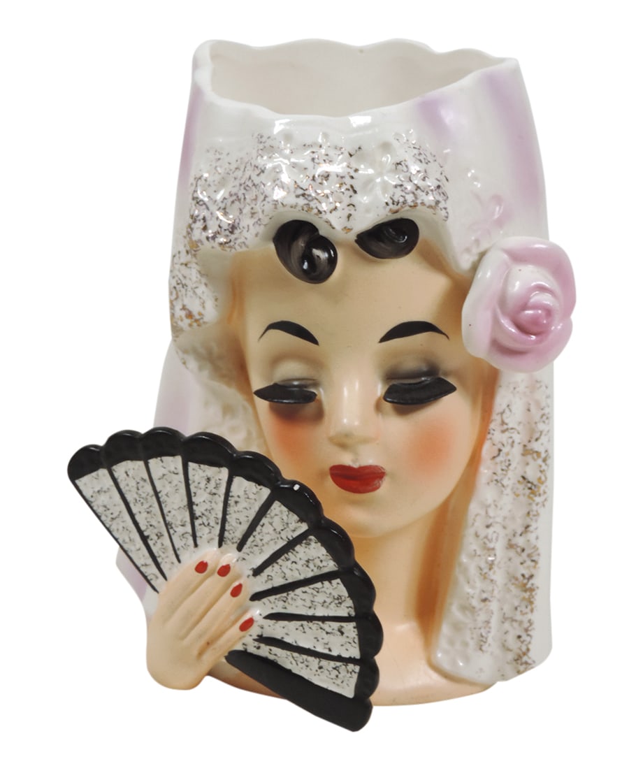 Head Vase, Costume Lady 1 of 9, Caucasian girl in Spanish costume, E1611 Inarco Cleveland, Ohio (1 of 3)