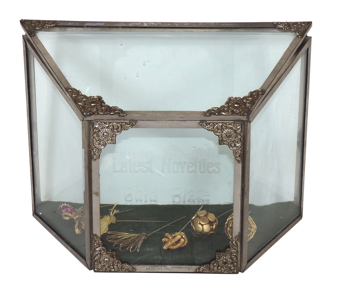 Jewelry Store Counter Display Case, 3-sided glass w/lift top & embossed nickel corners, front glass (1 of 5)