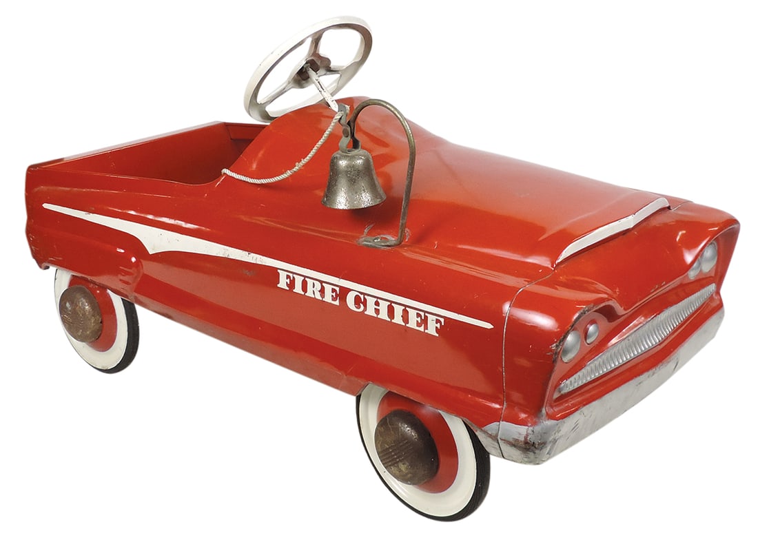 Child's Pedal Car, Fire Chief w/bell, mfgd by Murray, pressed steel, VG orig cond, 21"H x 36"L. (1 of 2)