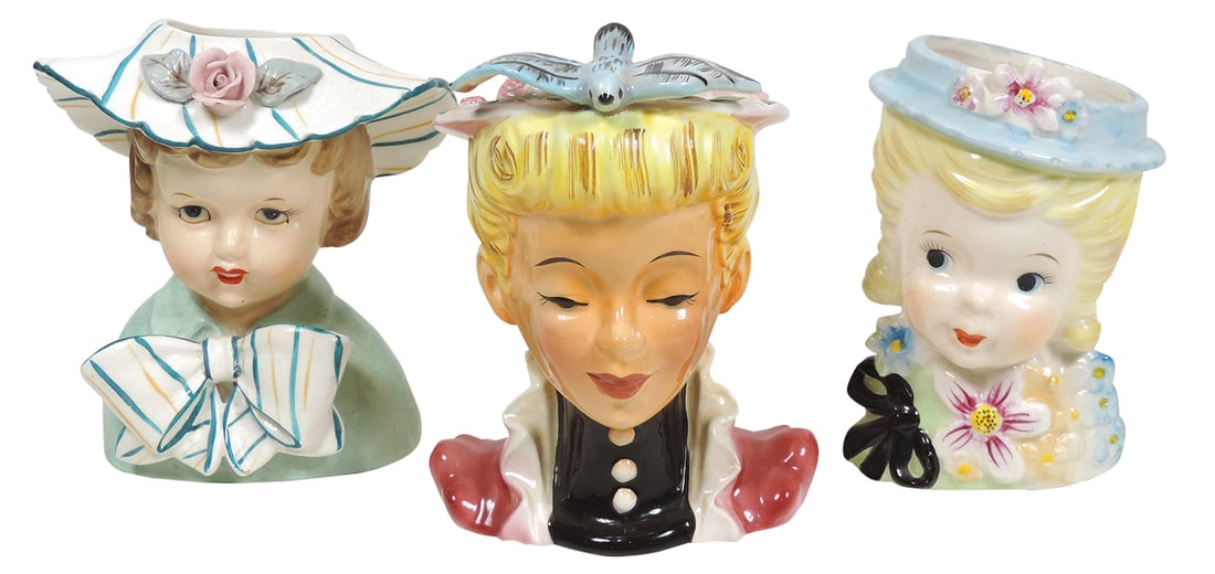 Head Vases (3), stamped C1838C Napco 1956, open-mouthed girl w/blonde hair & blue eyes, green (1 of 1)