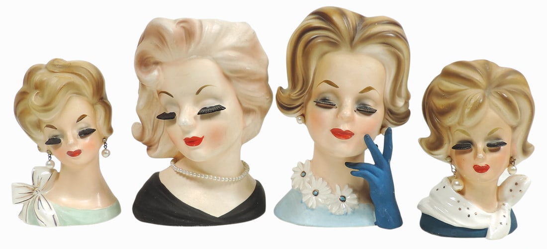 Head Vases (4), "Demure" Lady, Enesco Japan foil sticker on bottom, green dress w/lg white/gold bow (1 of 3)