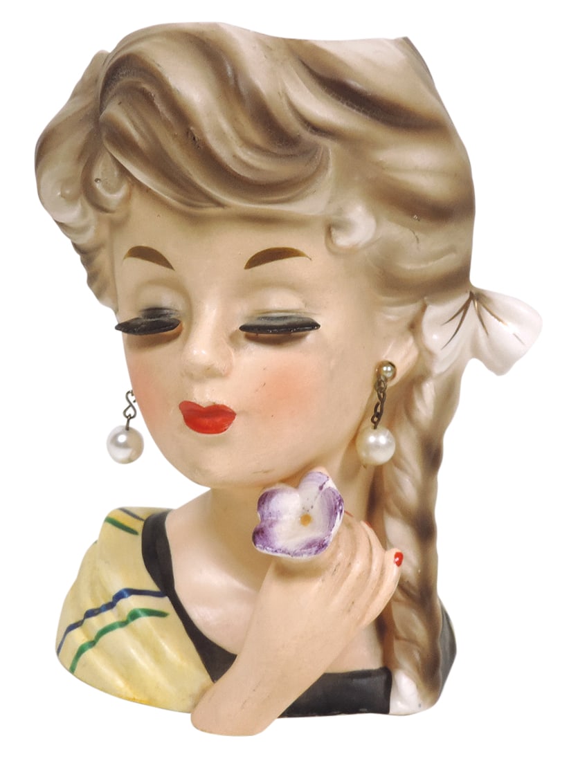 Head Vase, Costume Lady 1 of 9, Caucasian girl w/long braid & flower in hand, stamped E1611 Inarco (1 of 3)