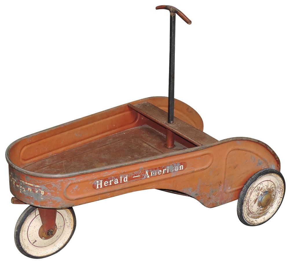 Child's Newspaper Delivery Skoot-kar, decals for Chicago Herald-American, pressed steel, c.1946, VG (1 of 2)