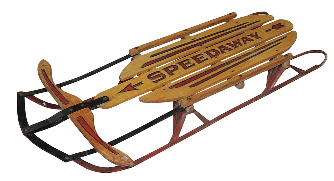 Child's Sled, Speedway, painted wood & iron, c.1960, VG cond w/break on rear wood underside brace, (1 of 1)