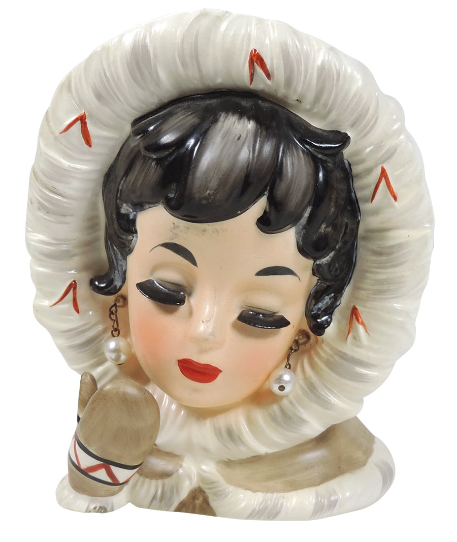 Head Vase, Costume Lady 1 of 9, Caucasian girl w/furry coat, hood & mitten, stamped E1611 Inarco (1 of 3)