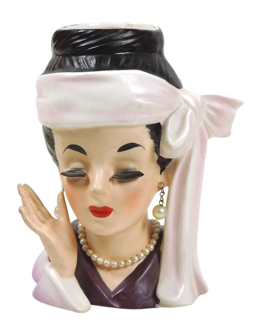 Head Vase, Costume Lady 1 of 9, Caucasian girl w/large pink headband scarf, stamped E1611 Inarco (1 of 3)