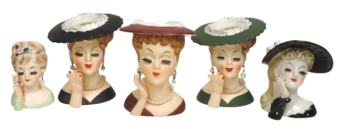 Head Vases (5), stamped Napco C3343A (black outfit) & C3343C (green outfit, missing earring), both (1 of 2)
