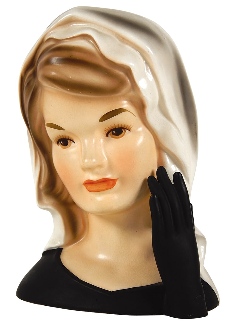 Head Vase, Jackie Kennedy Mourning, stamped E-1252 Inarco Cleveland, Ohio 1964 w/Inarco Japan foil (1 of 3)