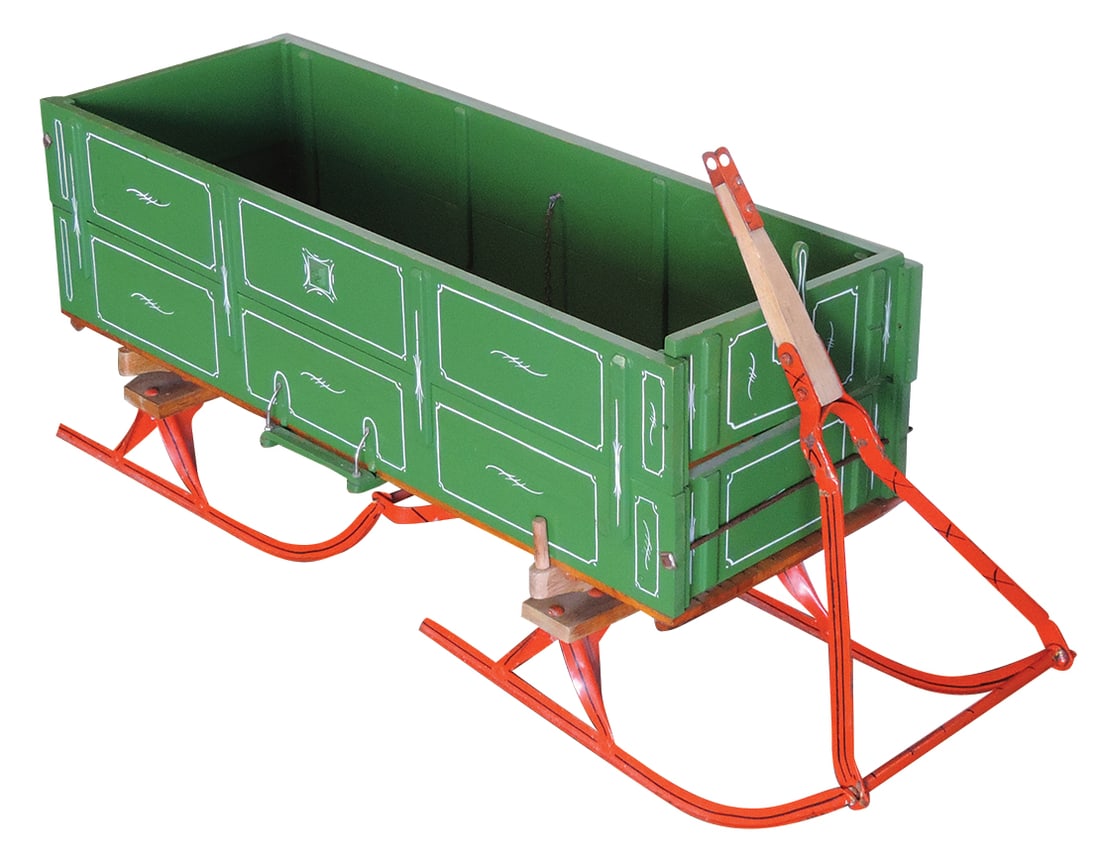 Child's Farm Box Sled, pedal tractor scale, custom built painted wood w/removable side panels & iron (1 of 2)