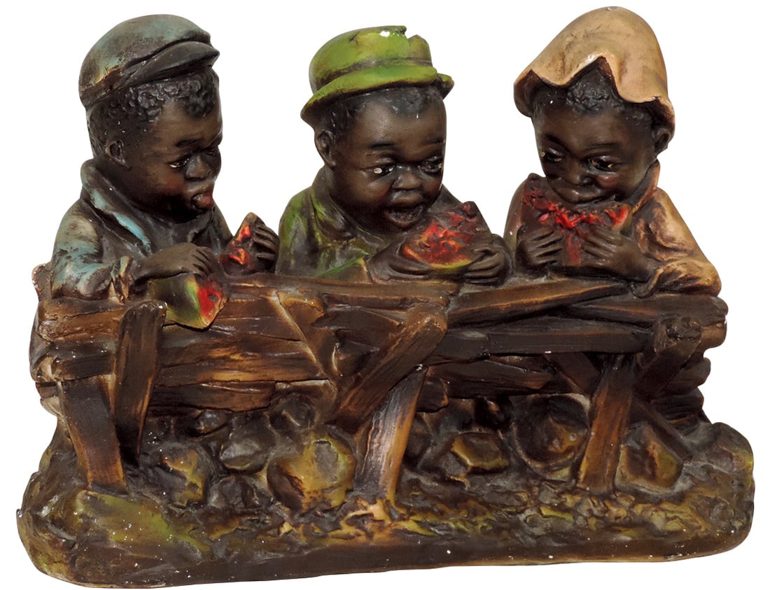 Black Americana Carnival Chalk Figure, 3 melon eaters, VG cond, 11.5"H x 16.5"L. (1 of 1)