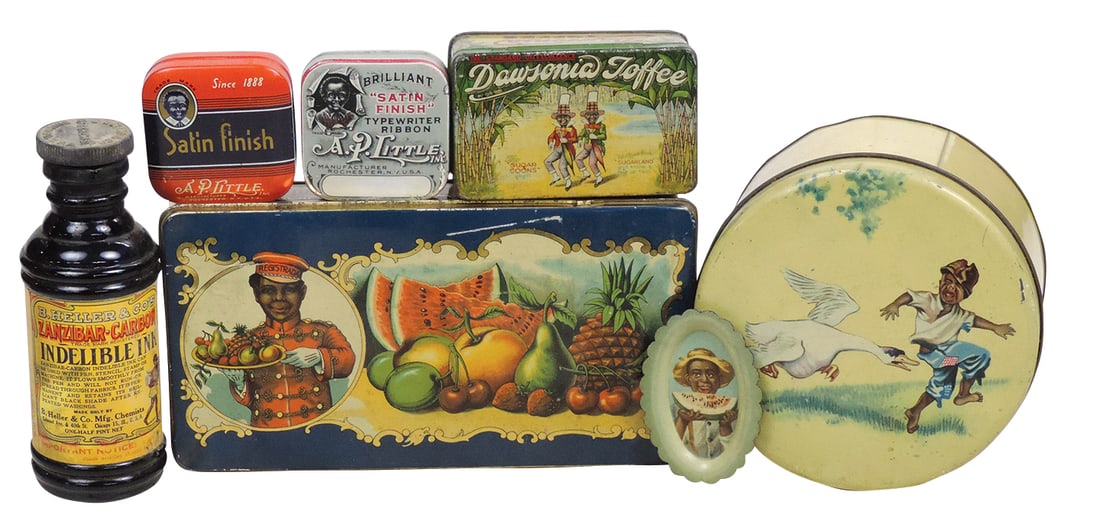 Black Americana Tins & Containers (7), for various products, incl Toffee, Typewriter ribbon, (1 of 1)