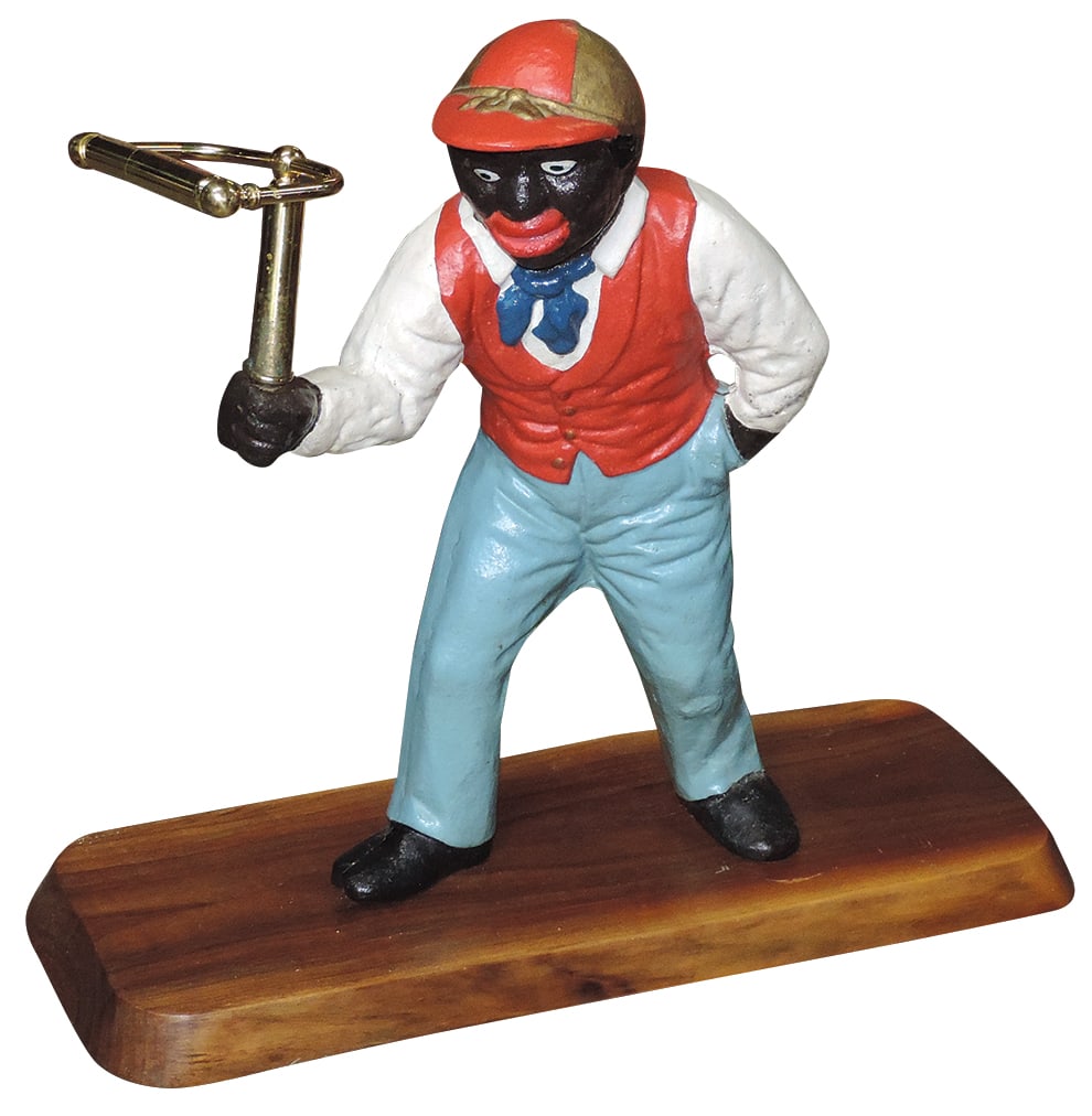 Black Americana Hitching Post Jockey converted to bath tissue holder, polychrome cast iron, raised (1 of 1)