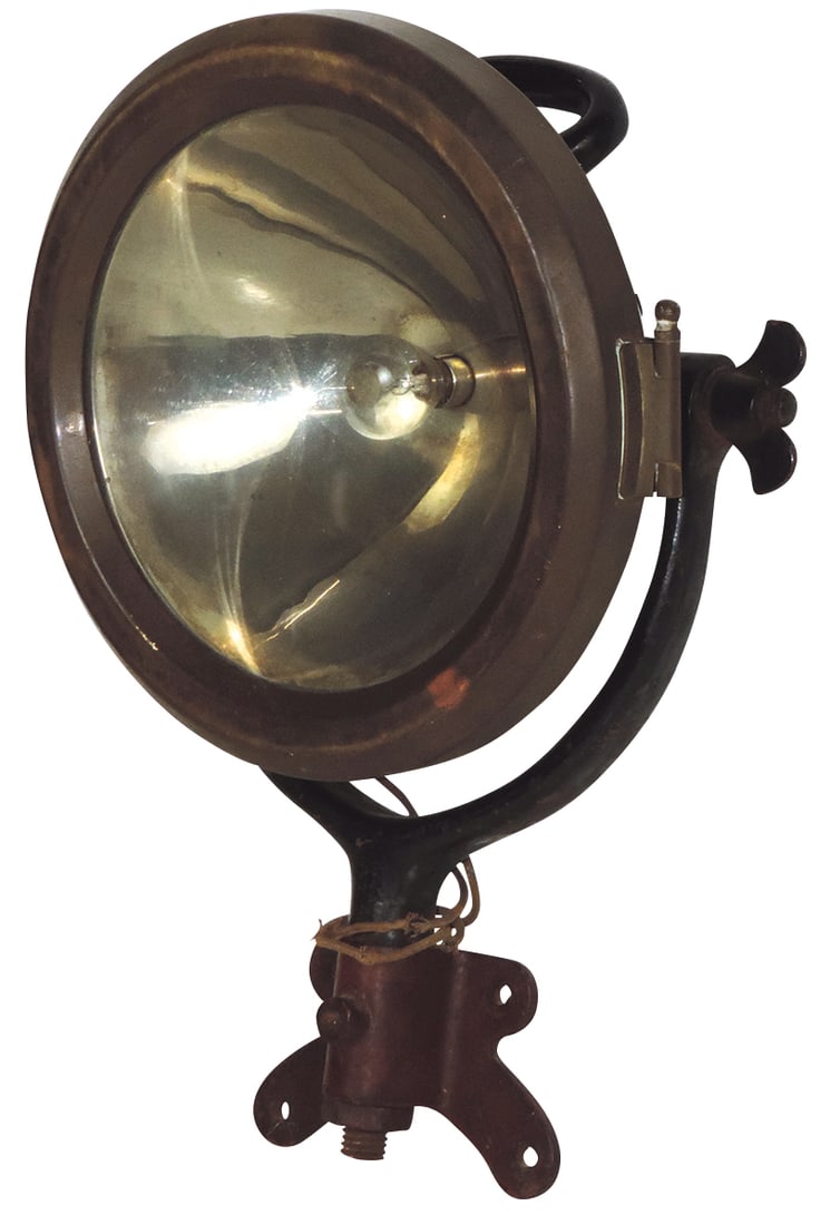 Boating, Nautical Ships Searchlight, pressed steel electric, mfgd by Vesta Accumulator Co., on iron (1 of 2)