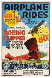 Original 1930's Airplane Rides Poster, Inman Bros. Flying Circus, Rare 7-color litho on paper