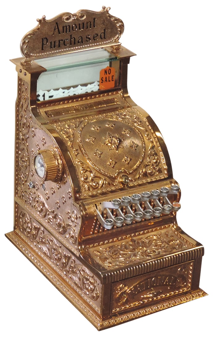 National Cash Register, Model No. 50, rings up to One Dollar, brass, c.1903, prof restored w/later (1 of 2)