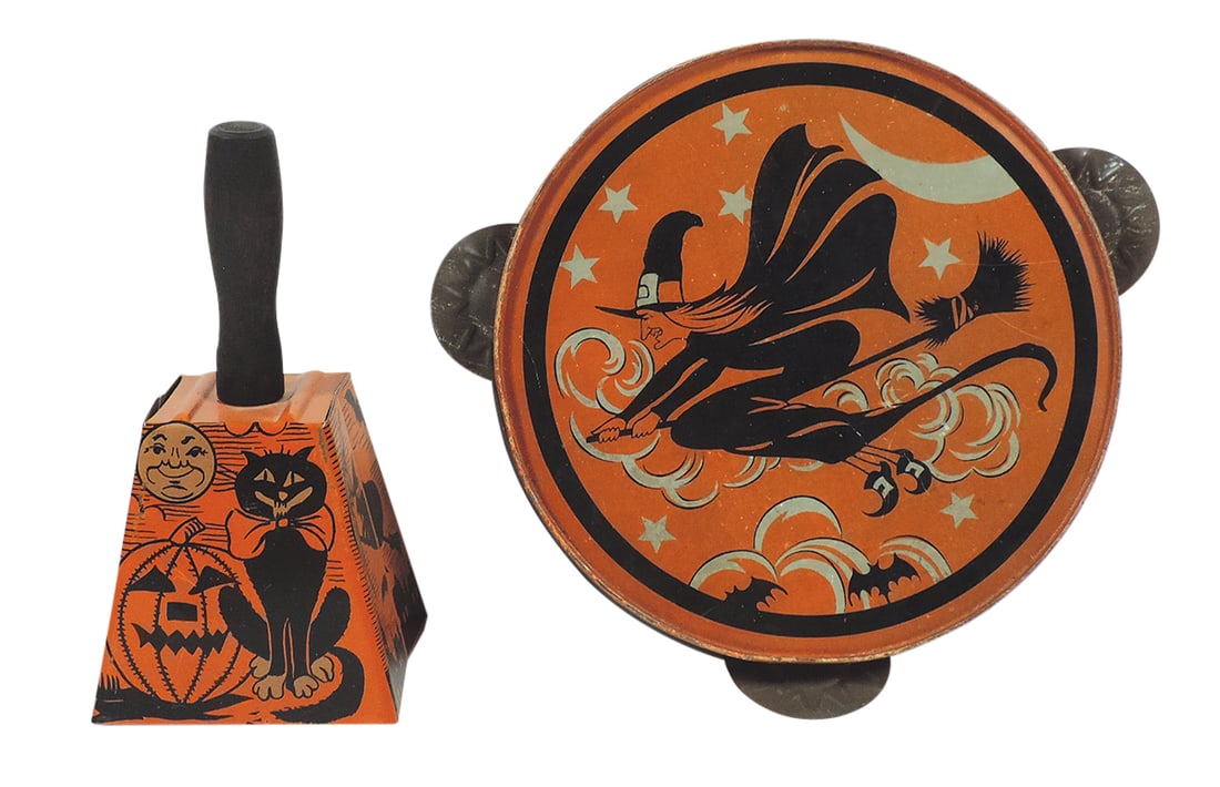 Halloween Noisemakers (2), bell, USA, c.1920s, 6"H & flying witch tambourine, 7.25"Dia, both Exc (1 of 1)