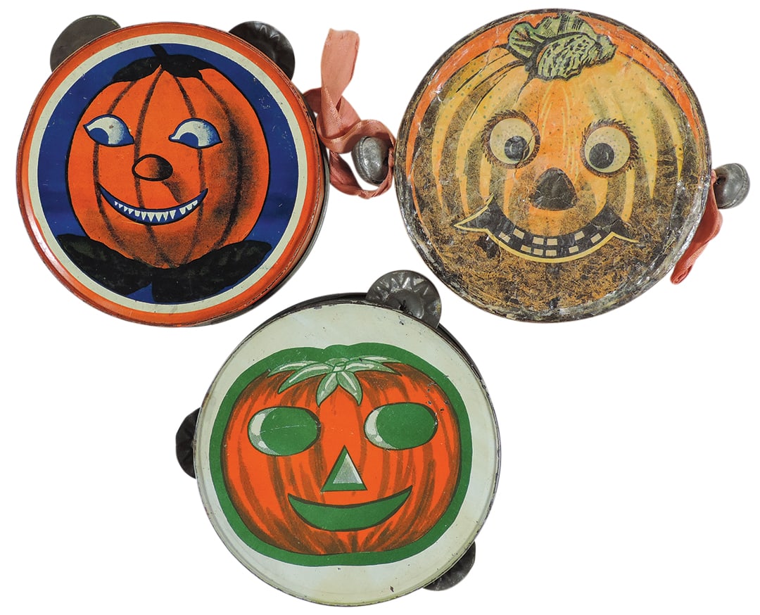 Halloween Noisemakers (3), (2) tin tambourines w/jack-o-lantern faces (1 missing jingles), VG cond & (1 of 1)