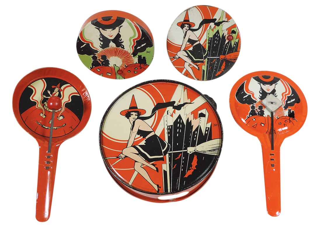 Halloween Noisemakers (5), tambourine, missing 2 jingles; 2 ratchets & 2 clangers, 5 marked mfgd by (1 of 1)