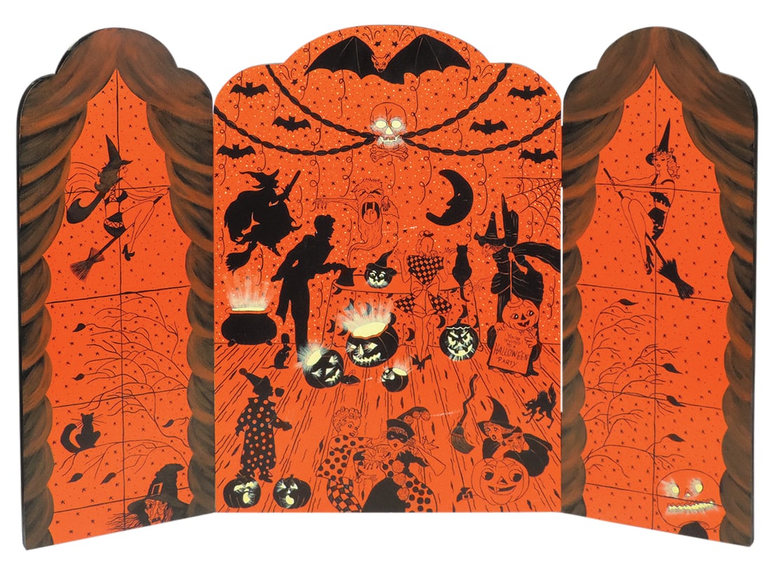 Halloween Wood Triptic Panel decorated w/figures & symbols on central panel w/folding wings, Exc: Halloween Wood Triptic Panel decorated w/figures & symbols on central panel w/folding wings, Exc cond, 24"H x37"W.