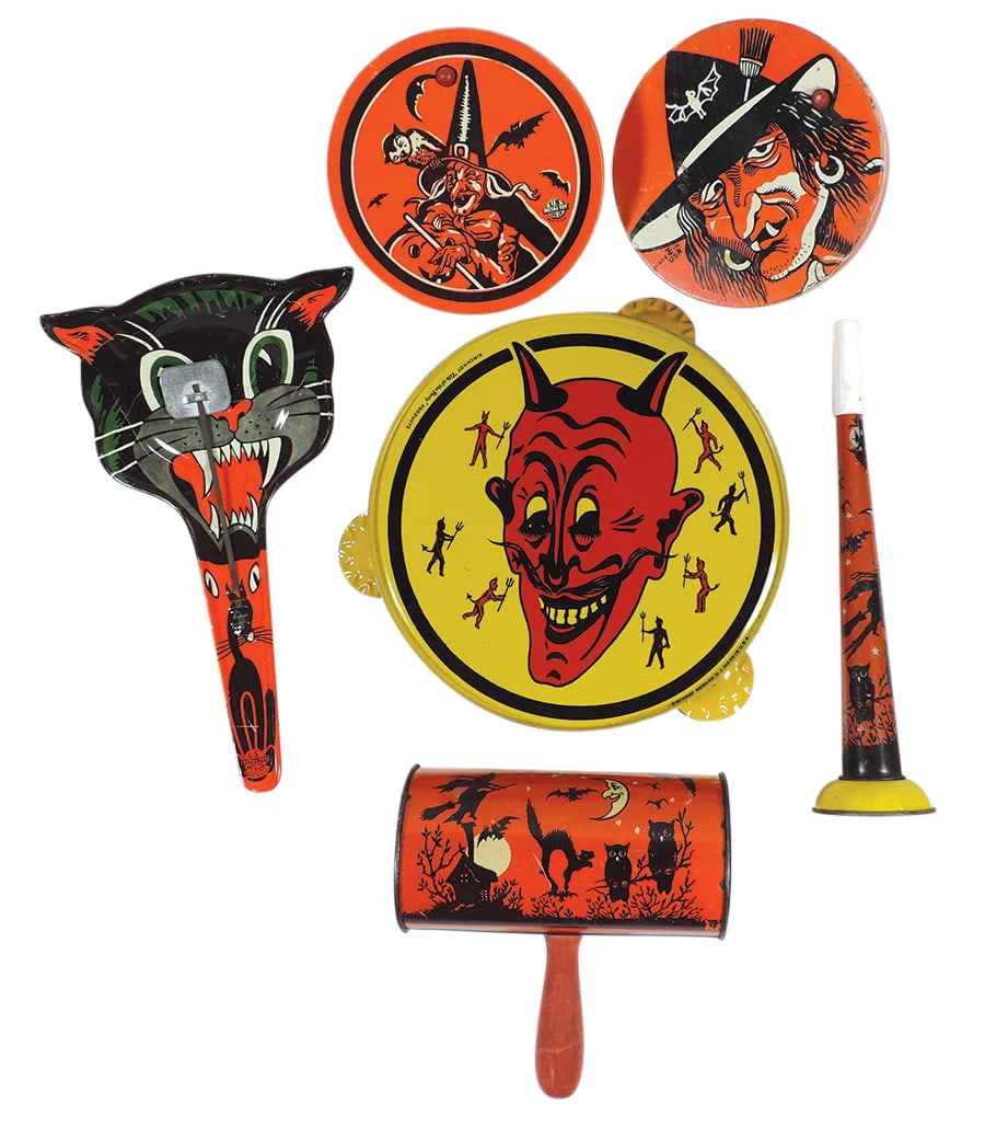 Halloween Noise Makers (6), litho on tin devil face tambourine by Kirchhof, horn, 2 ratchets & a (1 of 1)