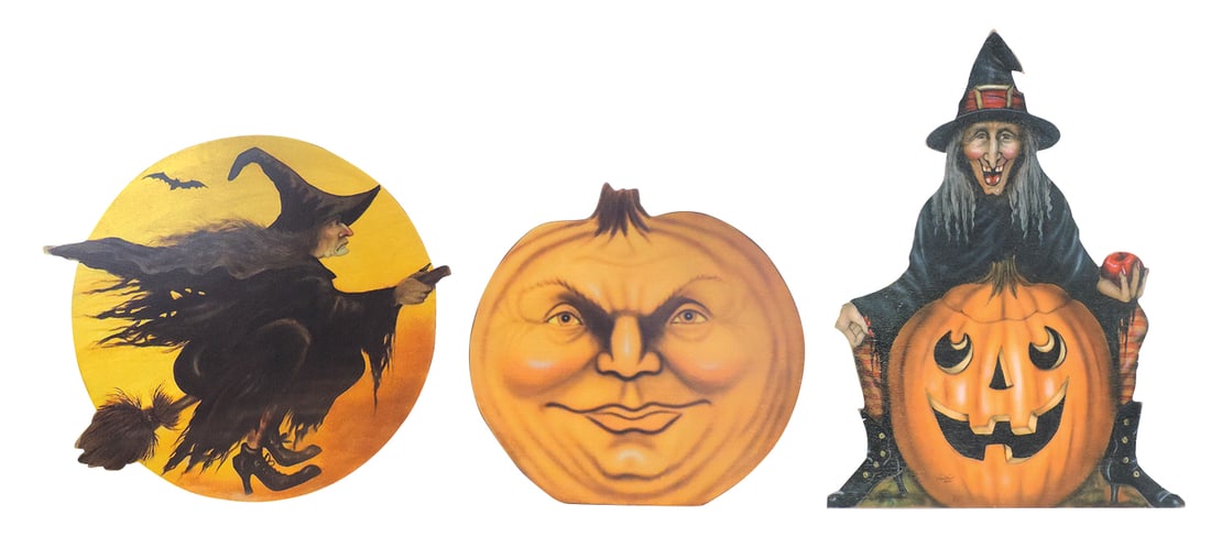 Halloween Decorative Yard Signs (3), scroll cut MDF panels decorated w/Jack-o-lantern, Witch & Witch: Halloween Decorative Yard Signs (3), scroll cut MDF panels decorated w/Jack-o-lantern, Witch & Witch in flight, folding easel backs, VG/Exc cond, largest 42"H x 32"W.