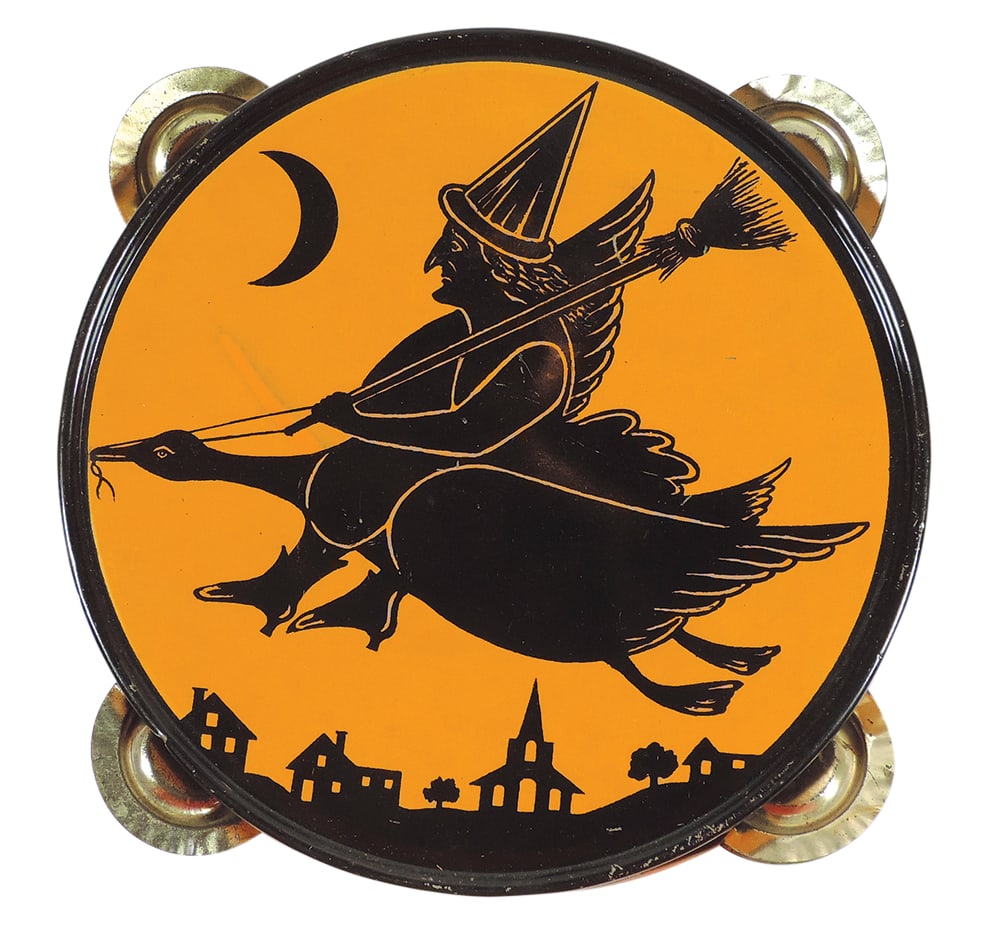 Halloween Noisemaker, Witch Riding Goose Tin Tambourine W/decorated Rim