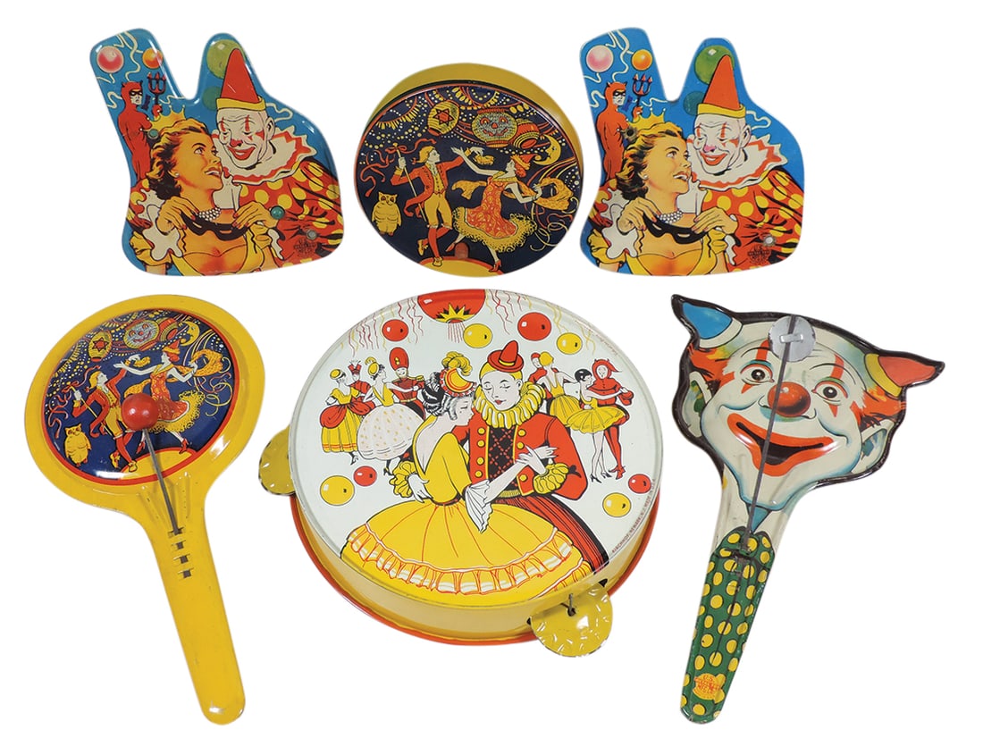 Halloween Noisemakers (6), tambourine, mfgd by Kirchhof-Newark, NJ; (2) US Metal Toy Mfg Co. diecut (1 of 1)