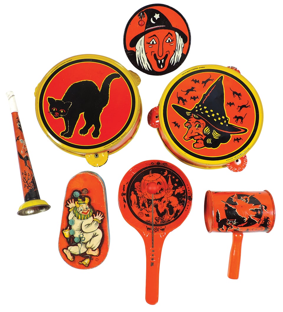 Halloween Noisemakers (7), witch & black cat tambourines mfgd by Kirchhof-Newark, NJ, 6.25"Dia; (1 of 1)