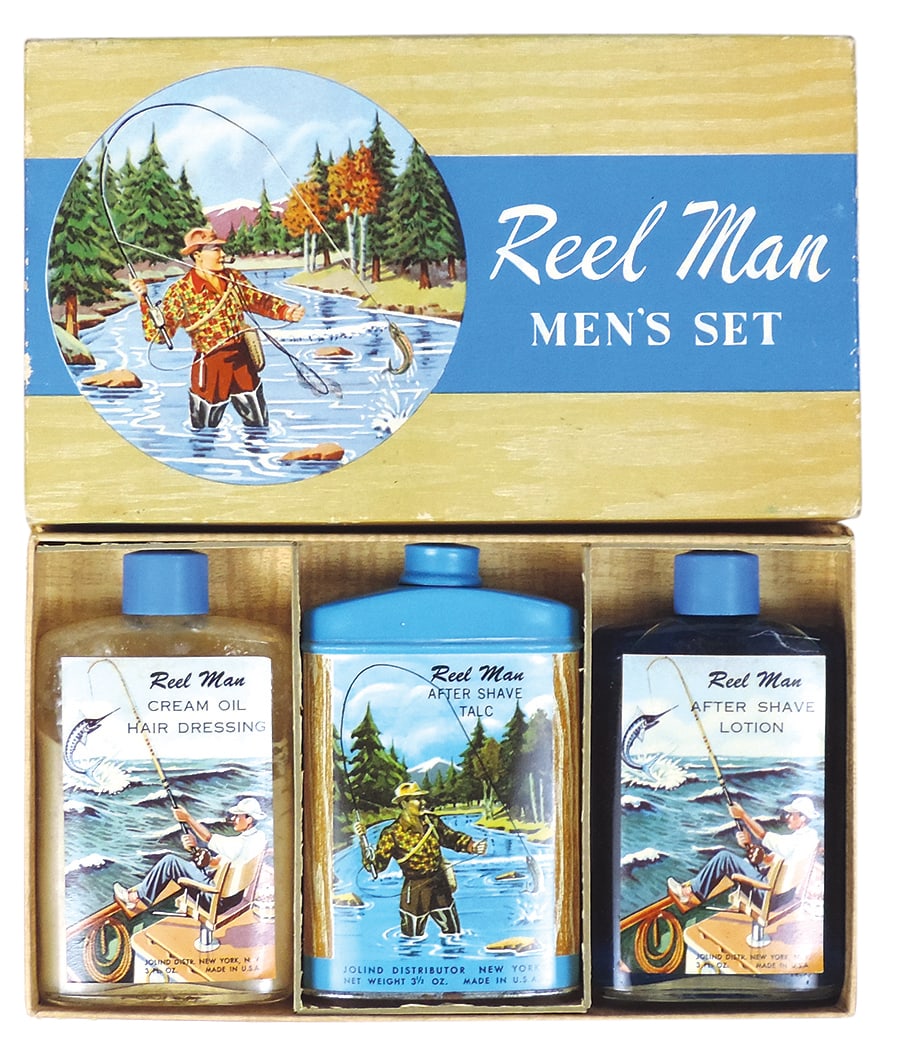 Sporting, Fishing Theme Toiletry Set, c.1950's boxed set w/hair oil, Exc cond, 9"W. (1 of 1)