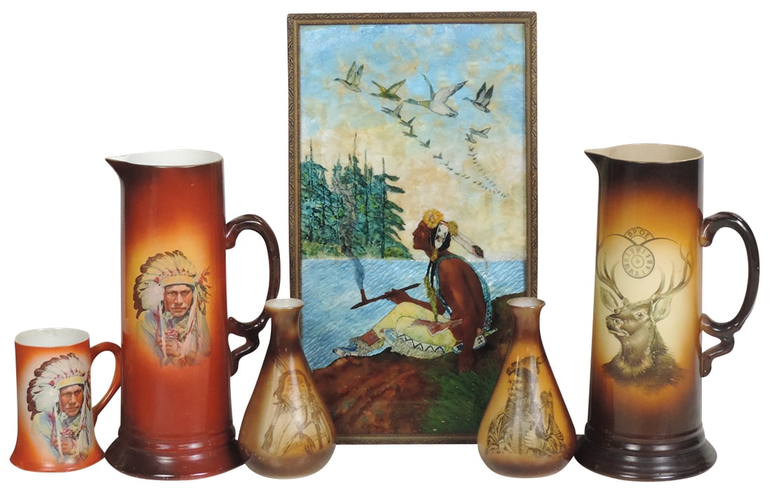 Native American Decorative Art (6), incl two Usona tankards-one w/matching mug, two Westmoreland (1 of 1)