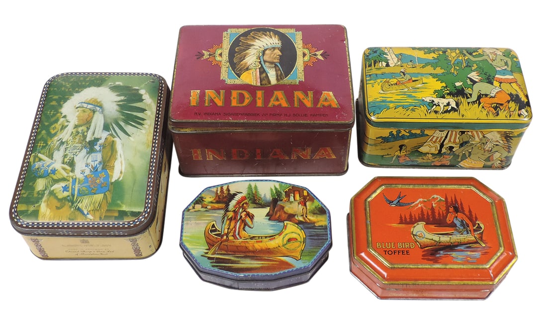 Native American Theme Boxes (5), Indian Scenes, incl Indiana cigarettes, English confections: Native American Theme Boxes (5), Indian Scenes, incl Indiana cigarettes, English confections & others, litho on tin, VG+ cond, largest 6.5"W.