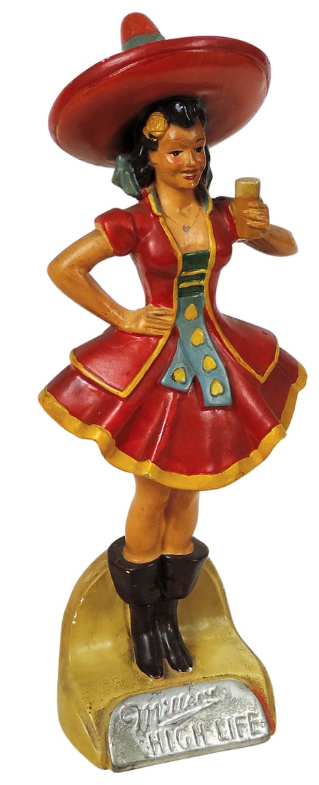 Breweriana Back Bar Figure, Miller High Life Girl in festive dress, polychrome cast plaster, Exc: Breweriana Back Bar Figure, Miller High Life Girl in festive dress, polychrome cast plaster, Exc cond, 15"H.