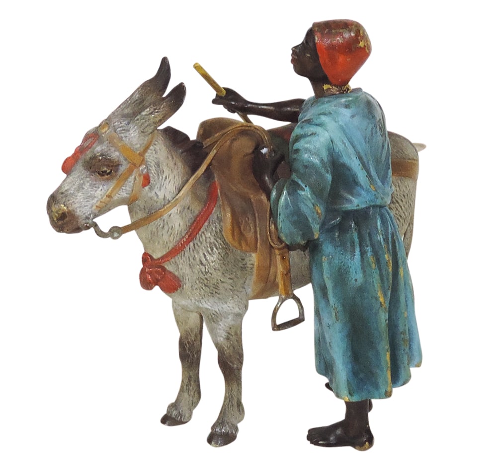 Decorative Art, Bronze Boy & Donkey, Austrian cold-painted figure by Franz Bergmann, early 20th C. (1 of 4)
