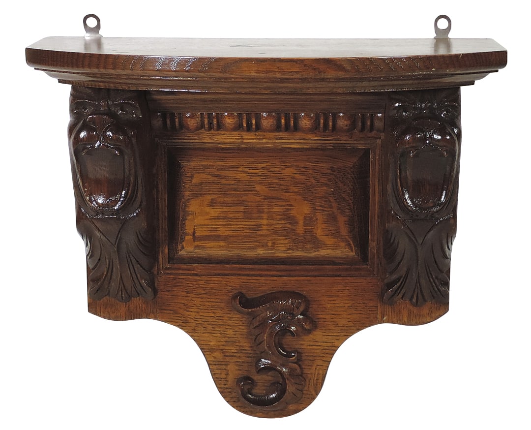 Furniture, Victorian Carved Wall Shelf, oak w/lion head corbels, Exc prof refinished cond, 14.5"H x (1 of 1)