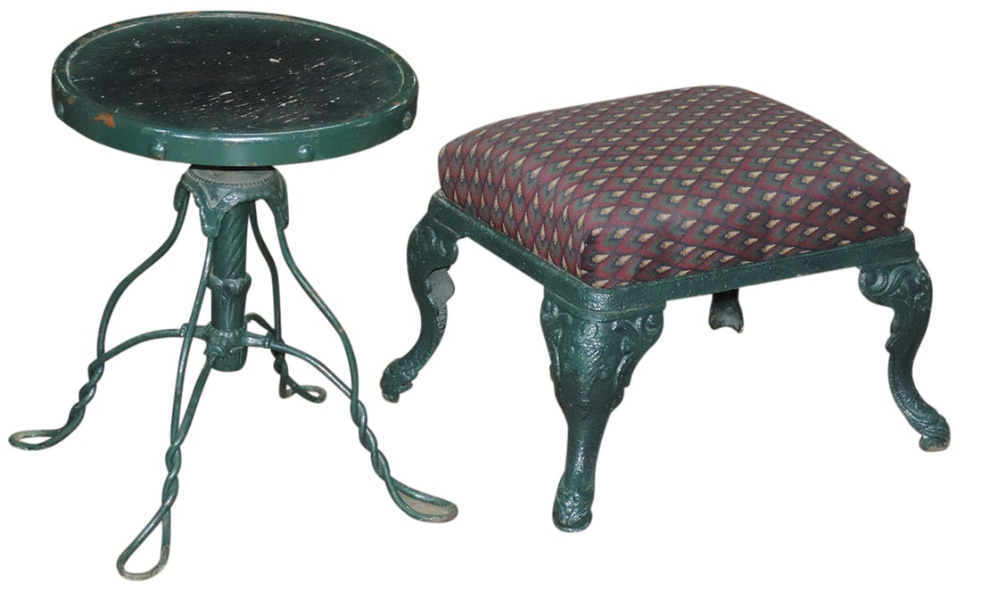 Furniture, Victorian Stools (2), piano stool w/bent wire legs & a cast iron legged foot stool, both (1 of 1)