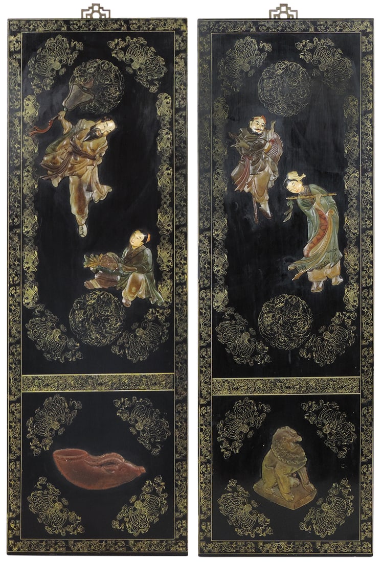 Decorative Art Oriental Wall Plaques, pair carved polychrome figures w/tracery designs of bats & (1 of 1)