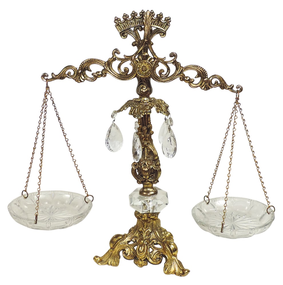 Decorative Art, Hollywood Regency Style Decorative Scales, gilt baroque cast metal stand w/cut glass (1 of 1)