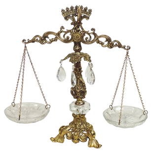 Decorative Art, Hollywood Regency Style Decorative Scales, gilt baroque cast metal stand w/cut glass: Decorative Art, Hollywood Regency Style Decorative Scales, gilt baroque cast metal stand w/cut glass prisms in trays, c.1970, Exc cond, 17.5"H.